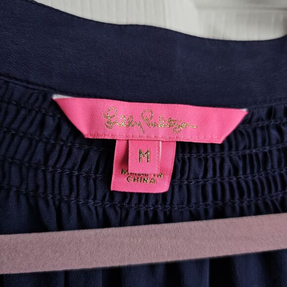 Lilly Pulitzer Elsa Silk Top Medium Button Front Smocked Neck True Navy 46456 - Picture 3 of 6